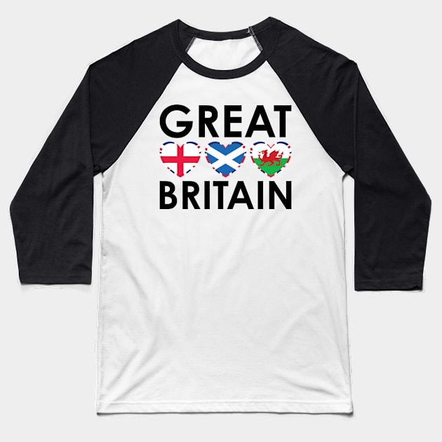 Great Britain England Scotland Wales Flags Hearts Baseball T-Shirt by DPattonPD